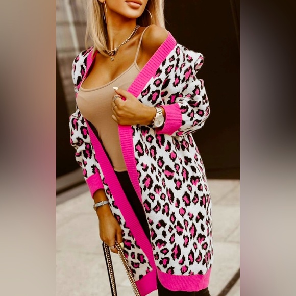 Cardigan / Leopard Ribbed Trim Knitted Cardigan - Picture 2 of 3